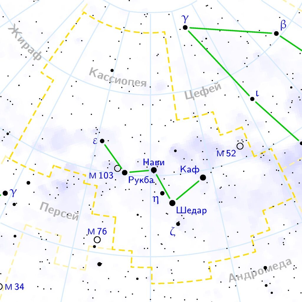 Кассиопея - созвездие Северного полушария неба. Ярчайшие звёзды Кассиопеи (от 2,2 до 3,4 звёздной величины) образуют фигуру, похожую на буквы «М» или «W». 
