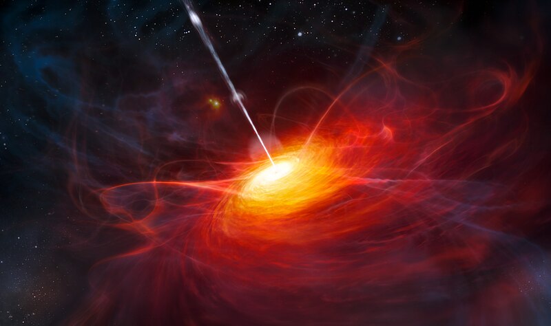 Изображение художником аккреционного диска в ULAS J1120+0641, очень далеком квазаре, питаемом сверхмассивной черной дырой с массой, в два миллиарда раз превышающей массу Солнца