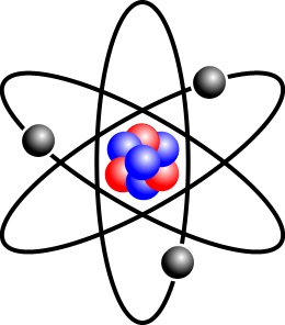 Атомы и молекулы: стилизованная модель атома. Черные точки — это электроны, красные точки — протоны и синие точки — нейтроны