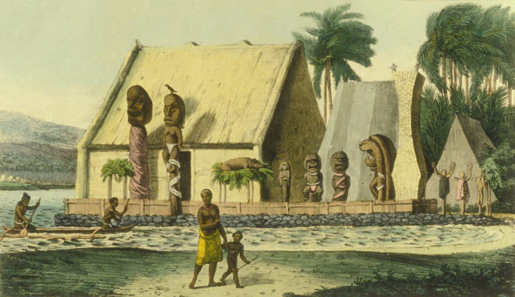Изображение королевского хейау (гавайского храма) в заливе Кеалакекуа, ок. 1816